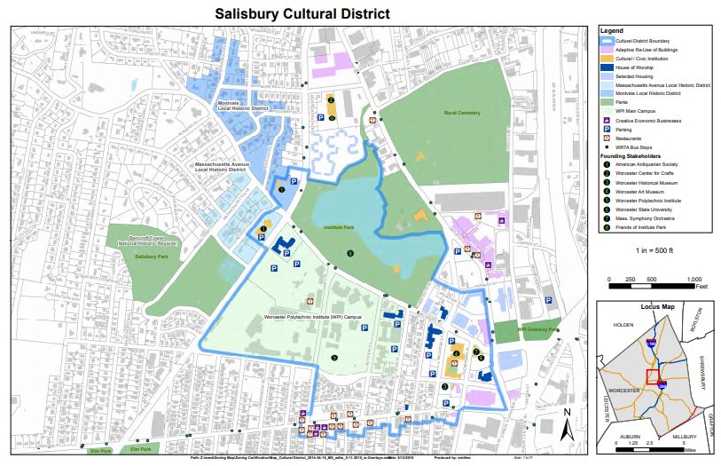 Map of Worcester's Salisbury Cultural District, featured on AHF's Worcester Aud blog.