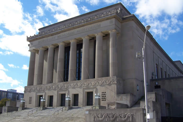 Photo of the Worcester Memorial Auditorium front facade, featured in a news post on the Architectural Heritage Foundation's investment in the building.