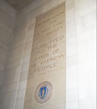 George Washington quotation inscribed on the wall of the Worcester Memorial Auditorium: “The preservation of the sacred fire of liberty…entrusted to the hands of the people.