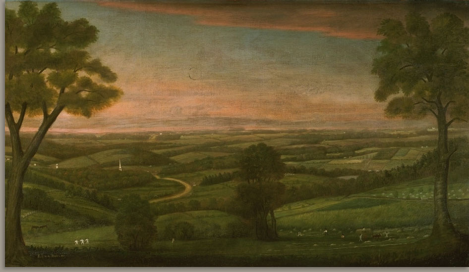 An early 19th-century painting of the central Massachusetts landscape, depicting farms, distant church steeples, and a sunset. This image appears in a blog post by the Architectural Heritage Foundation (AHF) on the Worcester Memorial Auditorium project website.