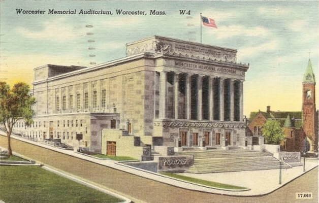 Historic picture of the Worcester Memorial Auditorium. Featured in an article about the Architectural Heritage Foundation's pending purchase agreement with the City of Worcester.