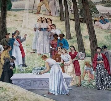Detail from Leon Kroll's mural in the Shrine of the Immortal at the Worcester Memorial Auditorium, showing Black and white people praying at the grave of a fallen WWI soldier.