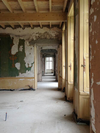 Château de Gudanes interior. Like AHF's Worcester Memorial Auditorium project, the Château suffers from peeling paint and crumbling plaster.
