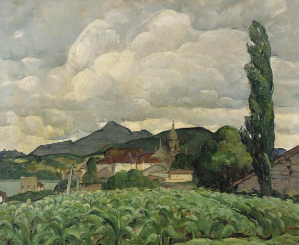 Painting of the Basque landscape by Leon Kroll. A dark mountain looms behind a church, houses, trees, and fields.