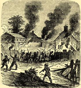 Nineteenth-century engraving depicting Native warriors with bows and arrows, muskets, and torches, setting the wooden houses of Brookfield ablaze. A group of Natives is gathered alongside the wooden wall surrounding the town as smoke billows into the sky. This picture is included in This Old Neighborhood, a blog by the Architectural Heritage Foundation on the Worcester Memorial Auditorium project website.