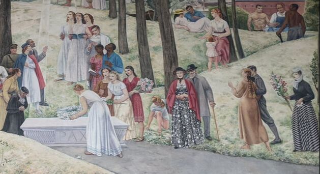 Detail from the central mural at the Worcester Memorial Auditorium depicting models Gloria Rathay and Genevieve Kroll. 