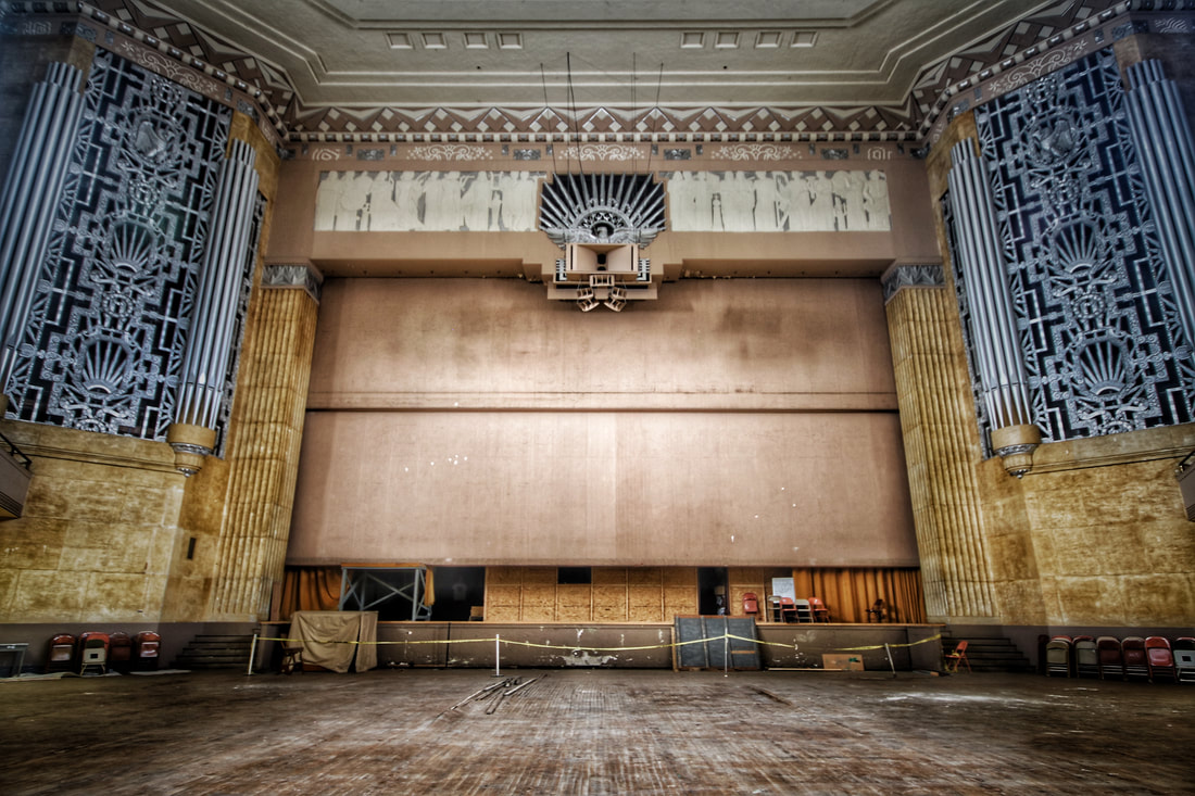 The auditorium, stage, and Kimball pipe organ at the Worcester Memorial Auditorium, an historic preservation and redevelopment project by the Architectural Heritage Foundation (AHF).