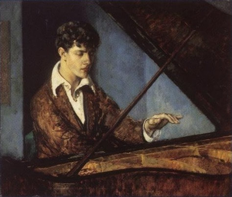 Painting by Leon Kroll depicting the young pianist and composer Leo Ornstein playing a grand piano.