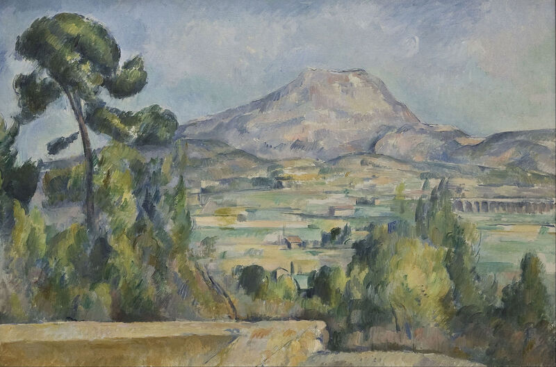 Painting by Paul Cezanne of Mount Saint-Victoire looming in the background behind farm fields and trees. 