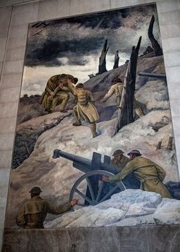 Mural depicting U.S. Army soldiers fighting in the WWI trenches.