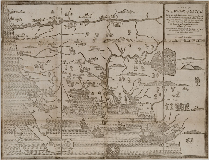 A 1677 map of New England. Oriented with the West at top, the map depicts English communities and fortifications, and Native territory. It uses numbers to represent communities attacked by Native fighters - the number 17 (slightly left of center) denotes Quinsigamond Plantation. Decorated with illustrations of trees, Natives, animals, and ships. This picture is featured in the Architectural Heritage Foundation's blog on the Worcester Memorial Auditorium project website.
