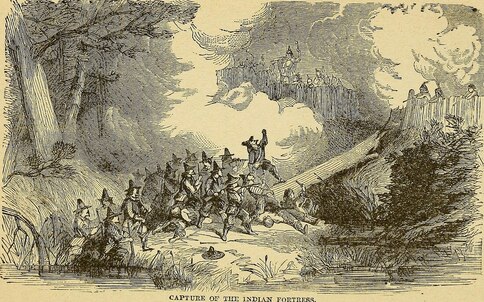 Early 20th-century engraving depicting the Great Swamp Massacre in 1675. A group of English soldiers gather in a forested swampy area at the base of a log footbridge leading to the Naragensett fort, defended by Natives with muskets. The fort's wooden wall has been breached and smoke billows from the burning fort. This image is featured in a blogpost by the Architectural Heritage Foundation. 
