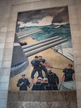 Mural depicting U.S. Navy sailors aboard a warship in a stormy sea.