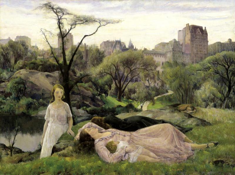 Painting by Leon Kroll entitled "Sleep," depicting two young women in Central Park in 1922. One is lying on the ground asleep, the other looks on in the background. Kroll later painted the murals at the Worcester Memorial Auditorium.