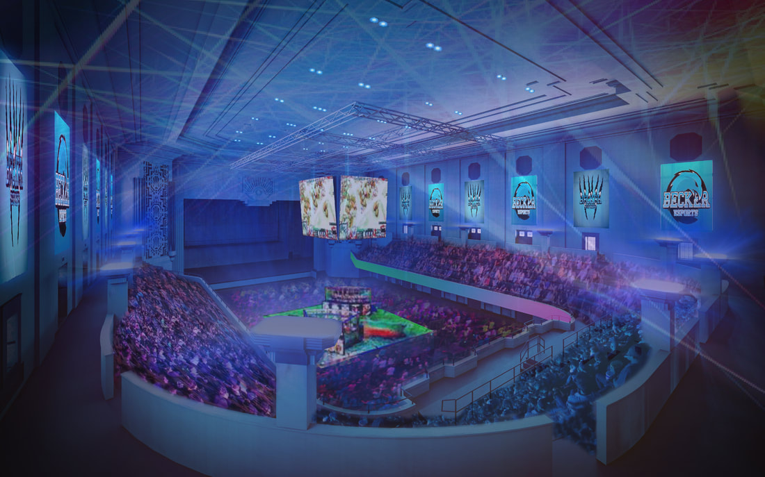 Rendering of the auditorium during an esports event, one of the Architectural Heritage Foundation's proposed uses for the Aud..